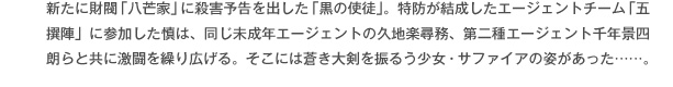新たに財閥「八芒家」に殺害予告を出した「黒の使徒」。特防が結成したエージェントチーム「五撰陣」に参加した慎は、同じ未成年エージェントの久地楽尋務、第二種エージェント千年景四朗らと共に激闘を繰り広げる。そこには蒼き大剣を振るう少女・サファイアの姿があった……。